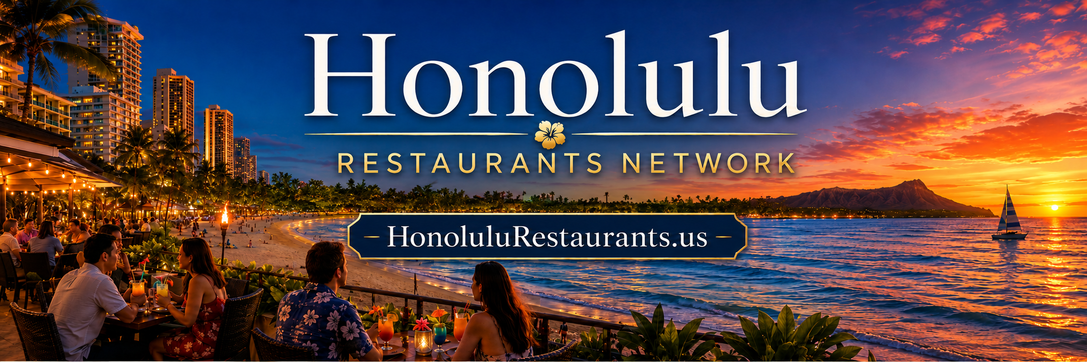 Honolulu Restaurants Network banner with Waikiki skyline, beach, palm trees, and beachfront restaurant dining