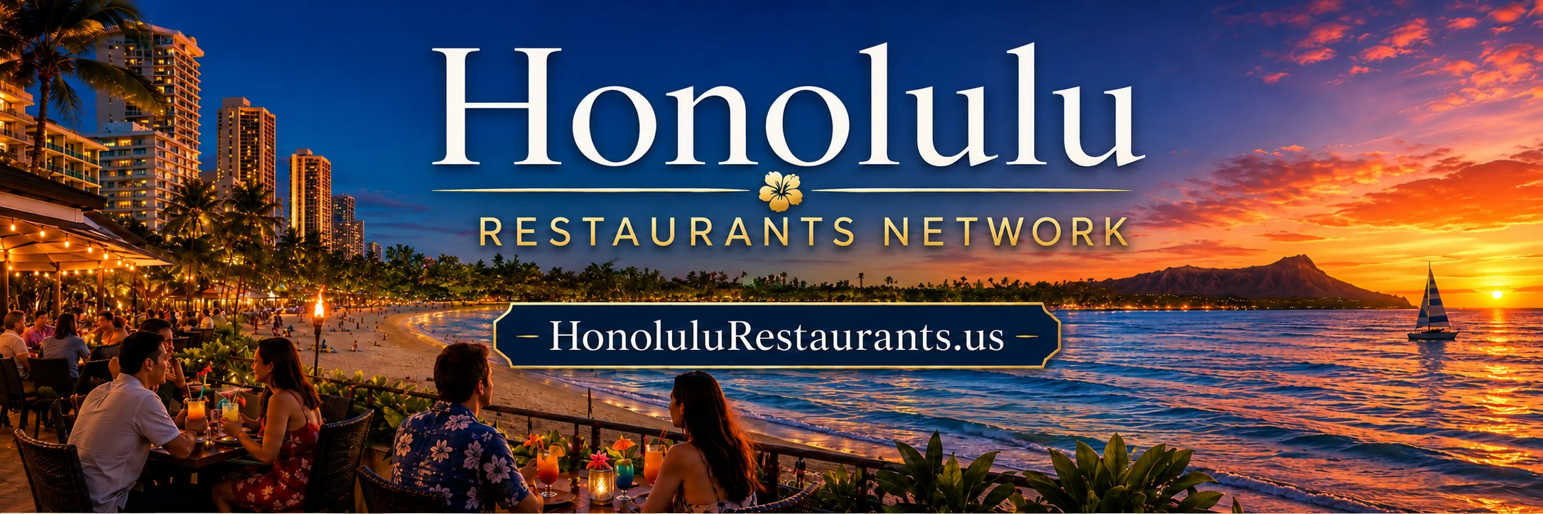 Honolulu Restaurants Network banner with Waikīkī dining, beach, palms, ocean sunset, and Diamond Head